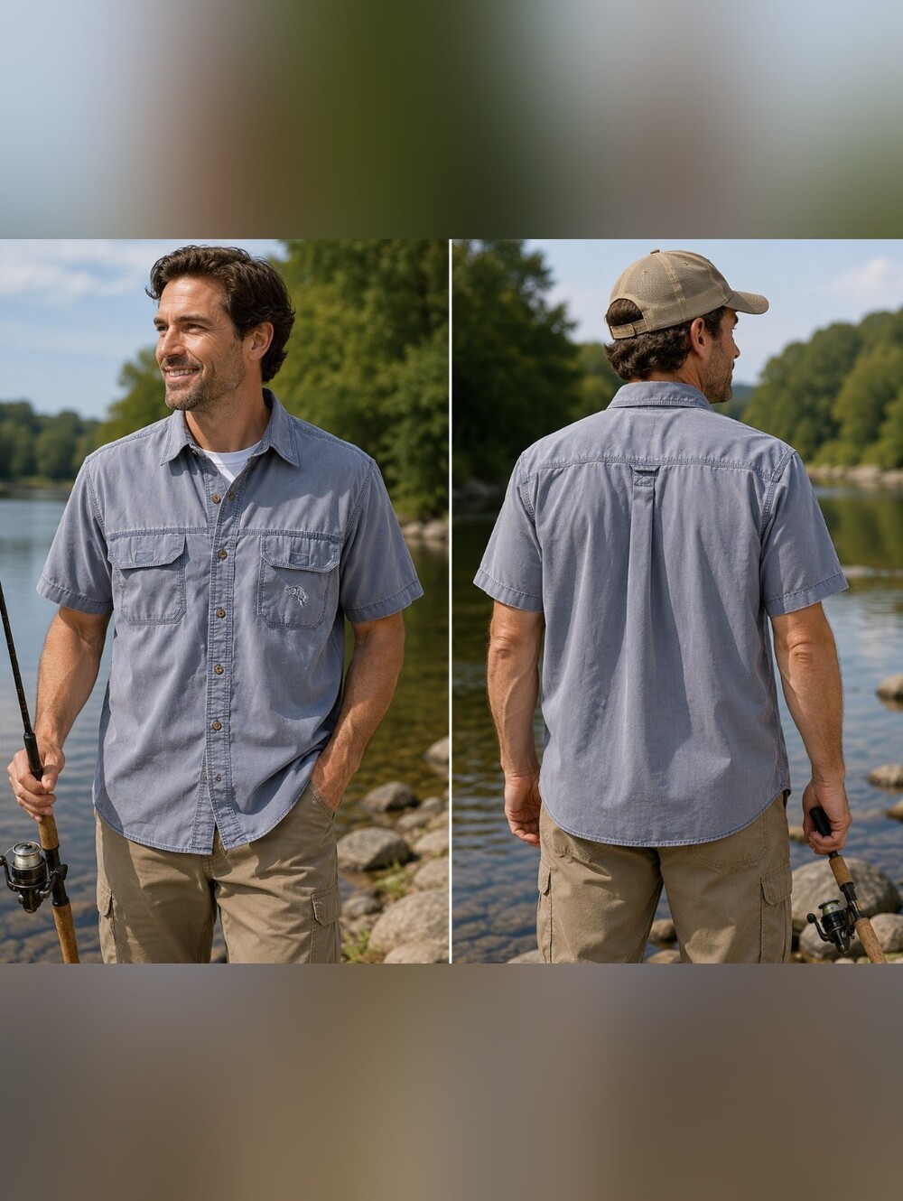 Men's Short-Sleeve Washed Blue Casual Button-Up Fisherman Shirt Size L